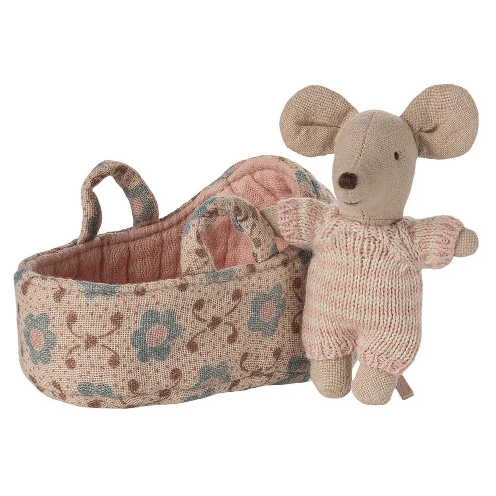 Maileg Baby Mouse in Carry Cot Rose - vendor-unknown - Honeybee Toys