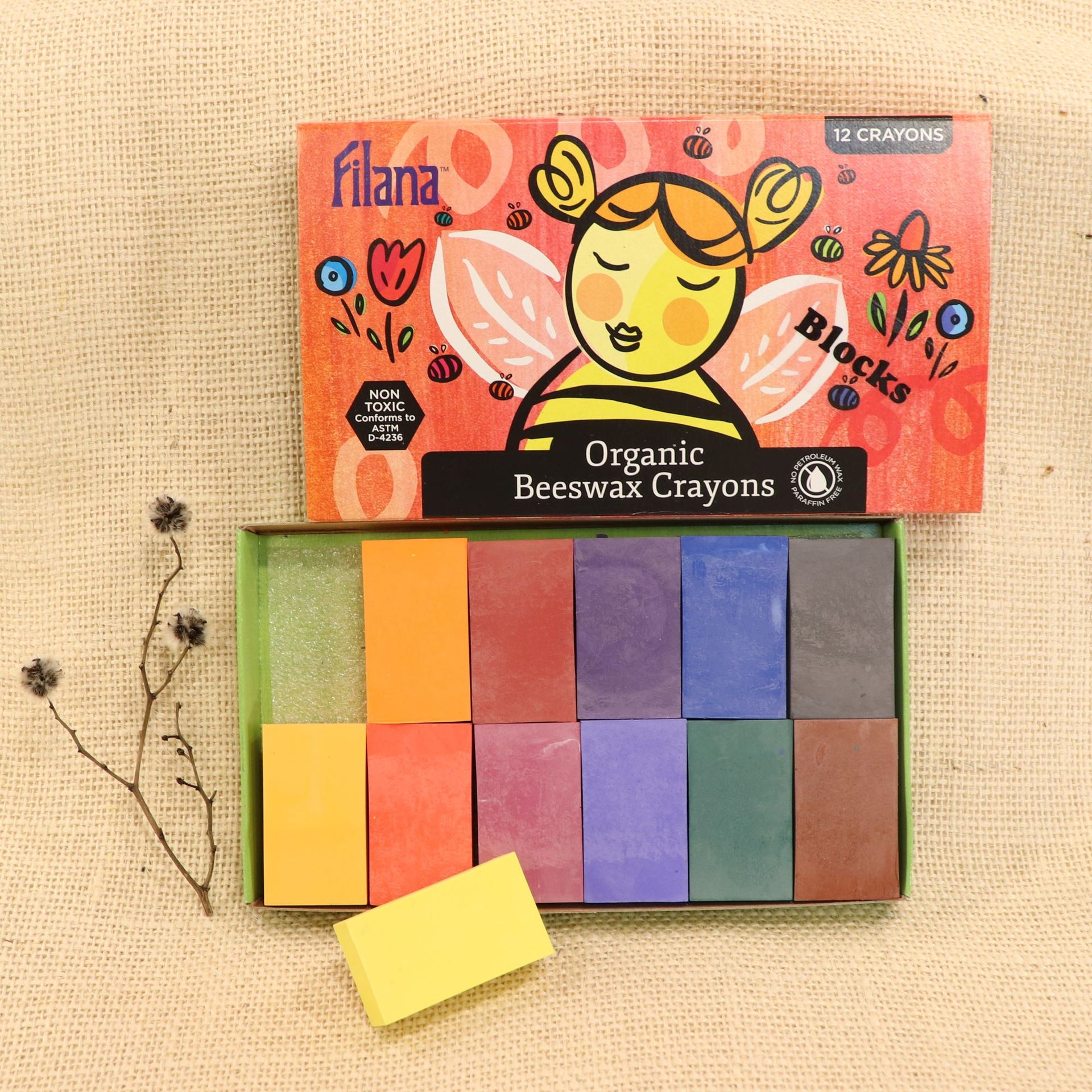 Filana Organic Beeswax Crayons, Blocks 12 with Brown & Black