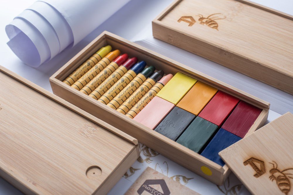 Apiscor Beeswax Crayons, Block 16 in Bamboo Box (8 blocks & 8 sticks) - vendor-unknown - Honeybee Toys