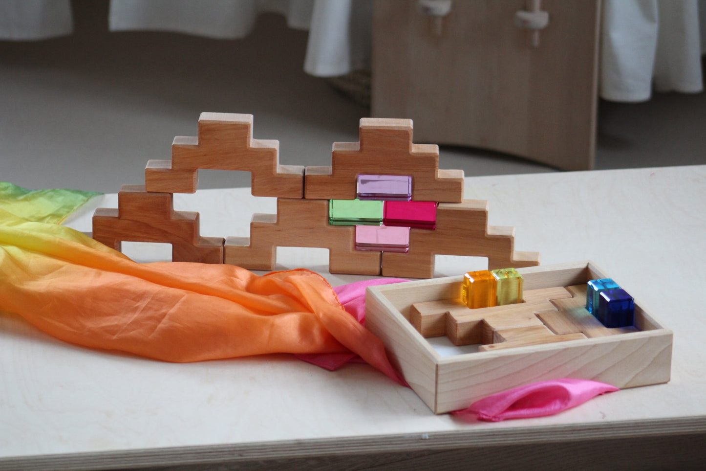 Bauspiel Staircase Blocks Natural with Colourful Luminous Blocks 16 - vendor-unknown - Honeybee Toys