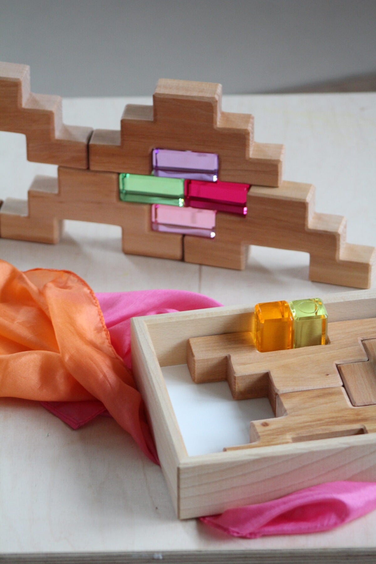 Bauspiel Staircase Blocks Natural with Colourful Luminous Blocks 16 - vendor-unknown - Honeybee Toys