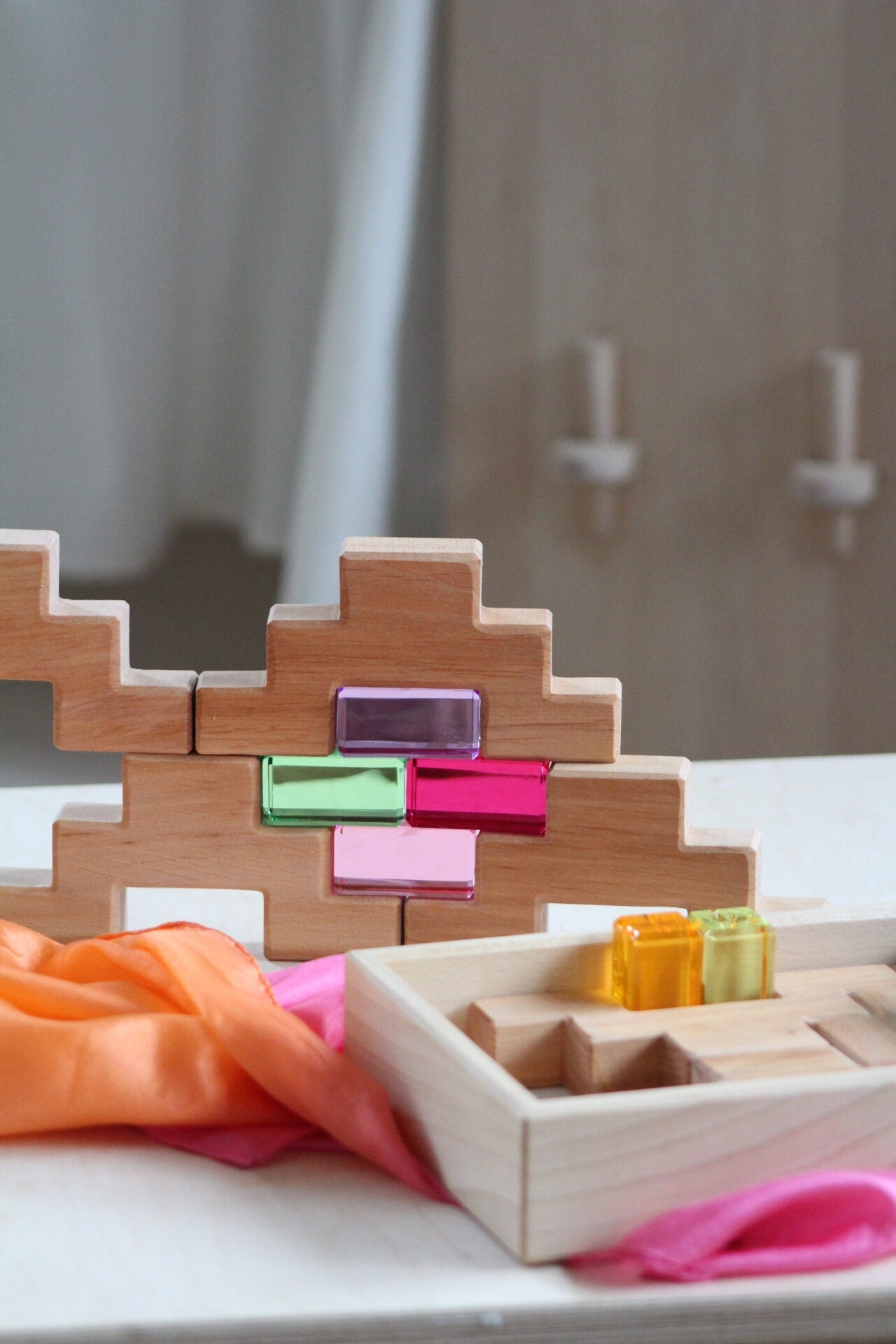 Bauspiel Staircase Blocks Natural with Colourful Luminous Blocks 16 - vendor-unknown - Honeybee Toys