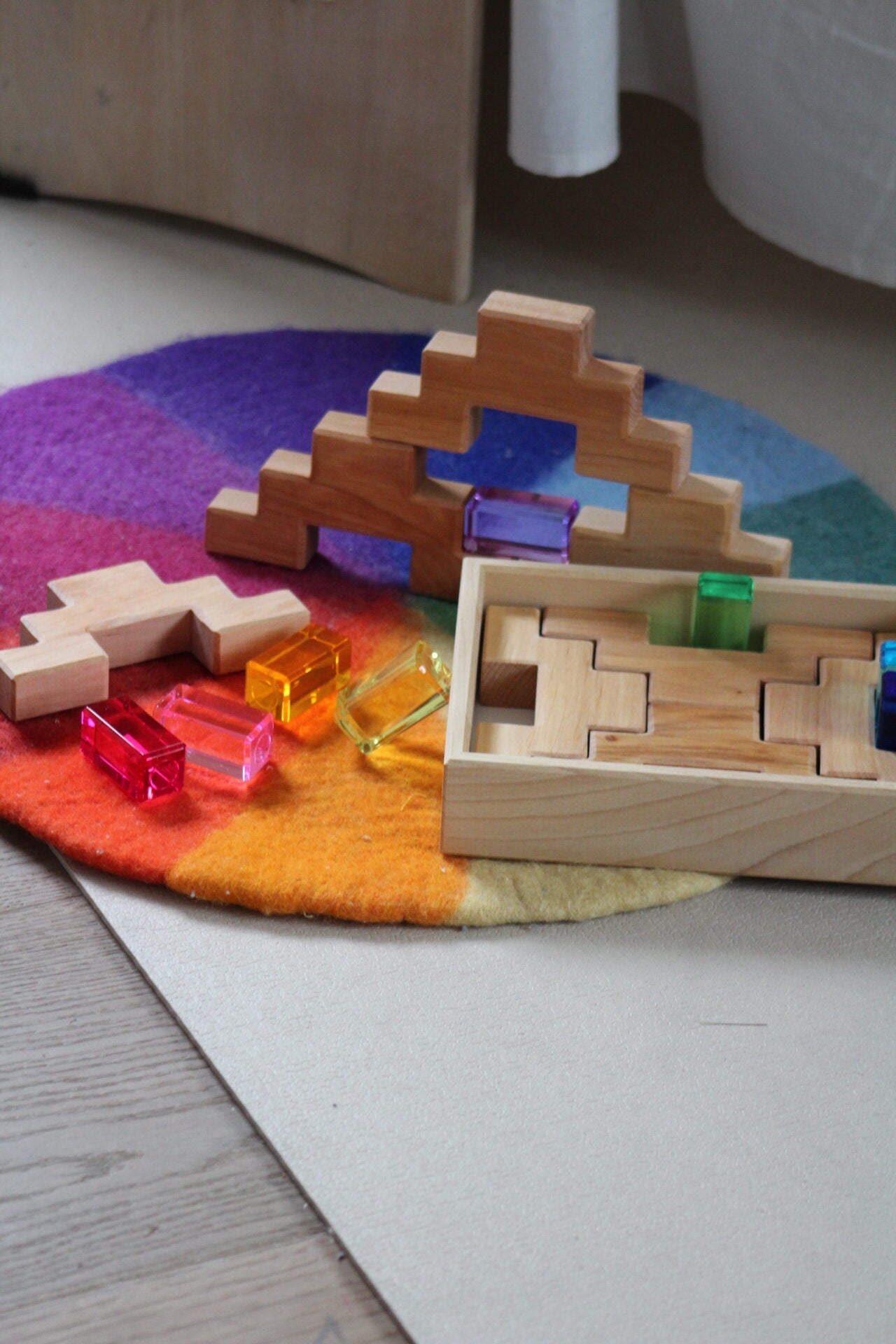 Bauspiel Staircase Blocks Natural with Colourful Luminous Blocks 16 - vendor-unknown - Honeybee Toys