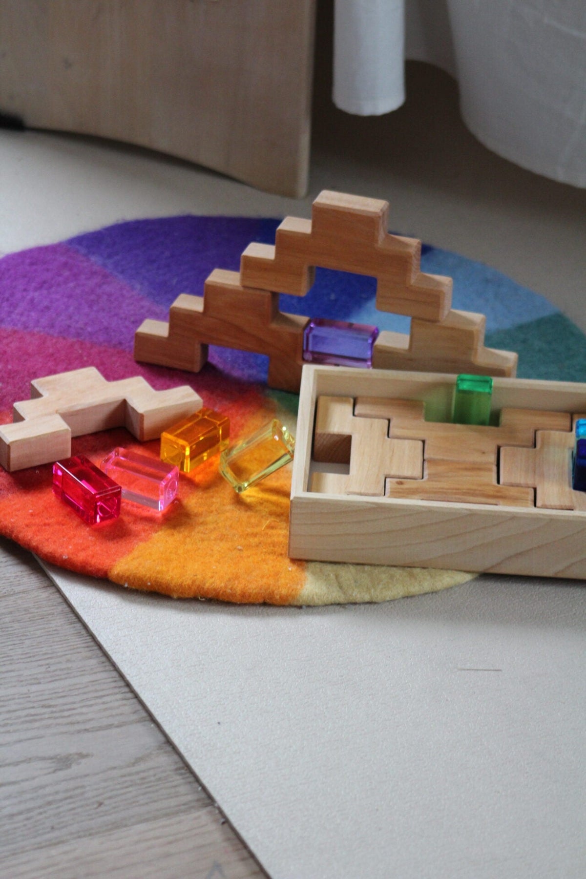 Bauspiel Staircase Blocks Natural with Colourful Luminous Blocks 16 - vendor-unknown - Honeybee Toys