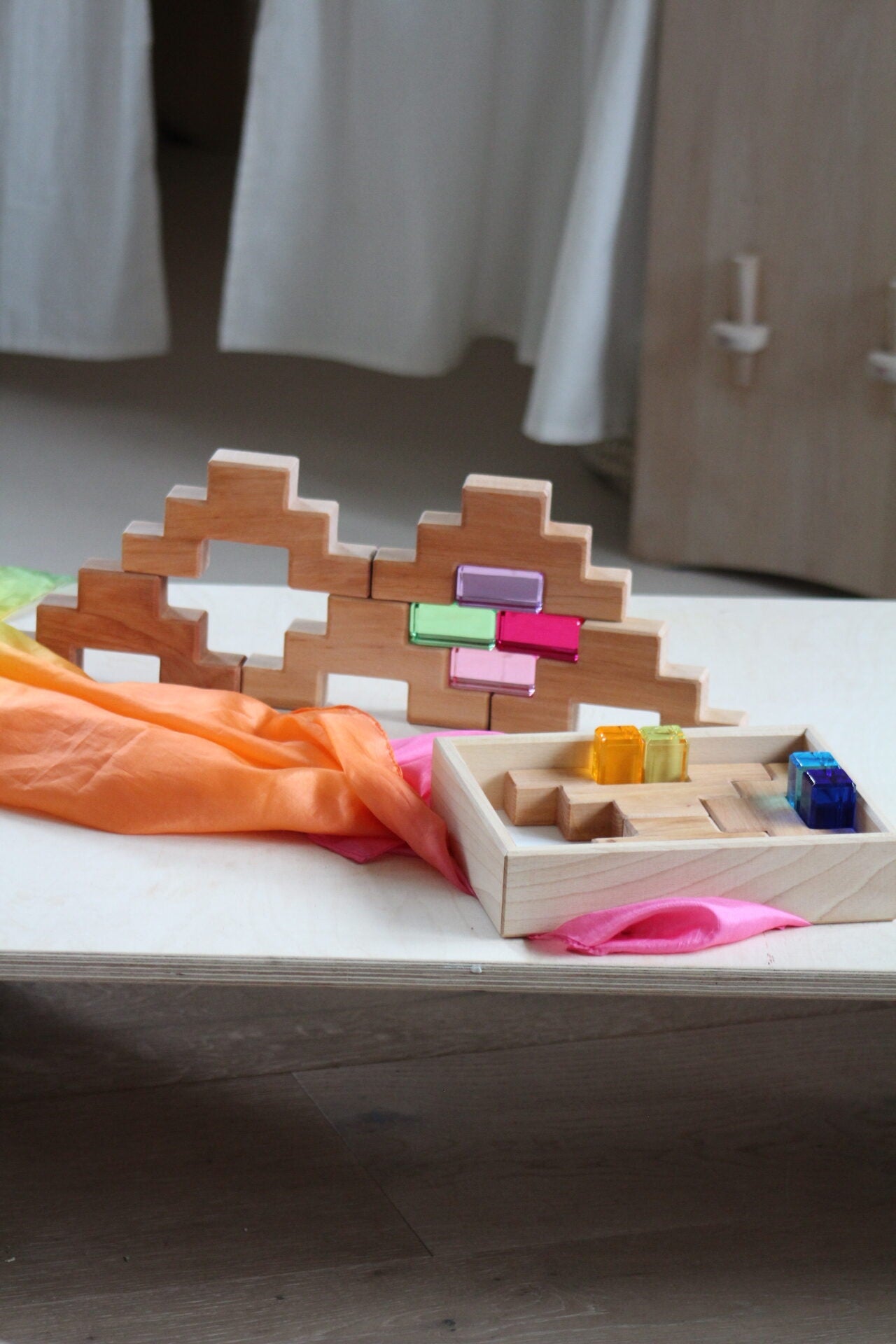 Bauspiel Staircase Blocks Natural with Colourful Luminous Blocks 16 - vendor-unknown - Honeybee Toys