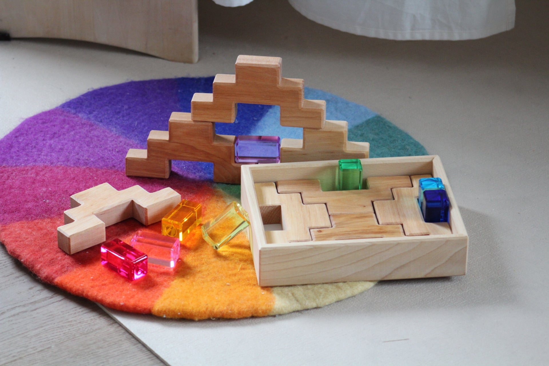 Bauspiel Staircase Blocks Natural with Colourful Luminous Blocks 16 - vendor-unknown - Honeybee Toys