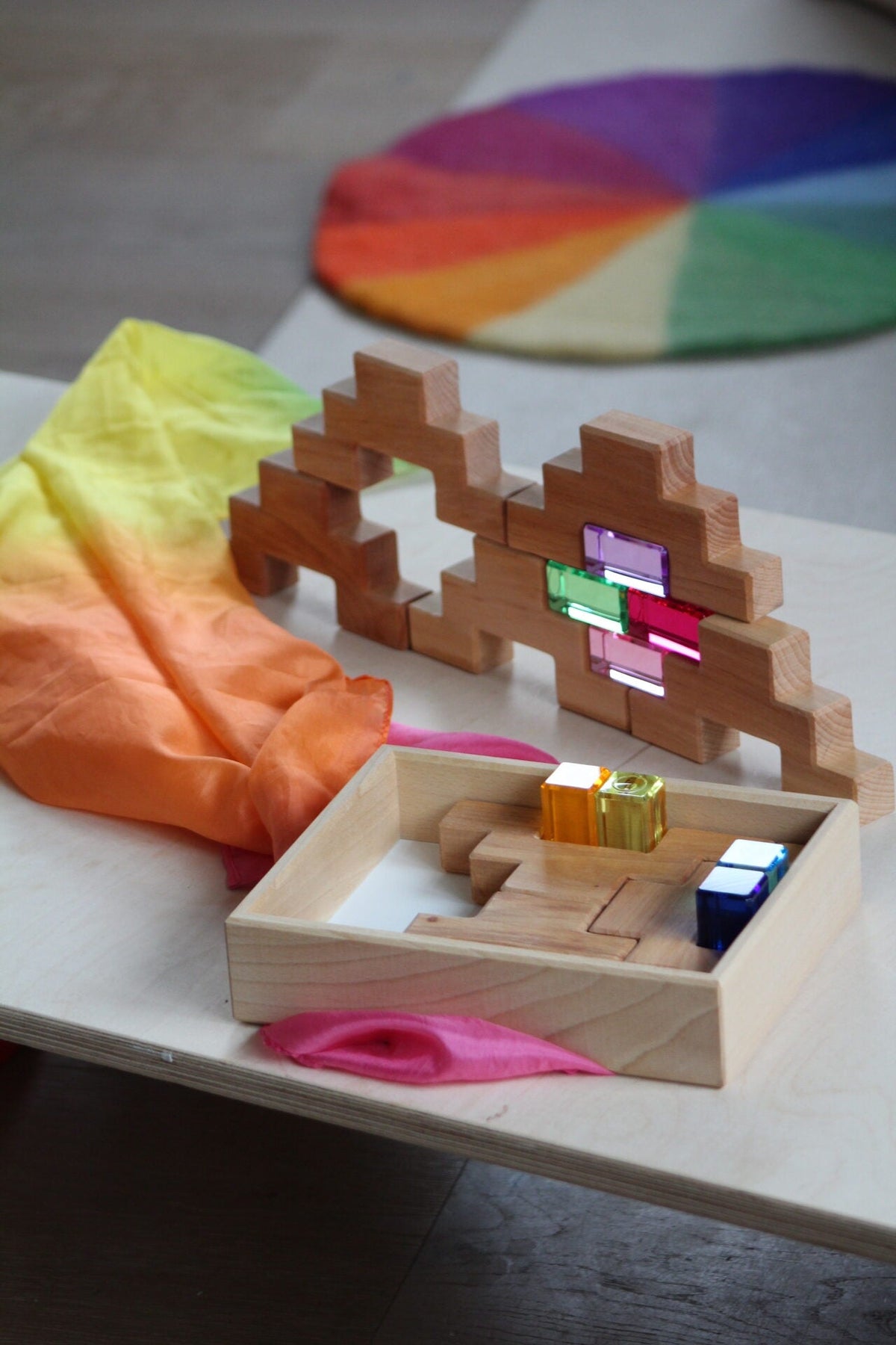Bauspiel Staircase Blocks Natural with Colourful Luminous Blocks 16 - vendor-unknown - Honeybee Toys
