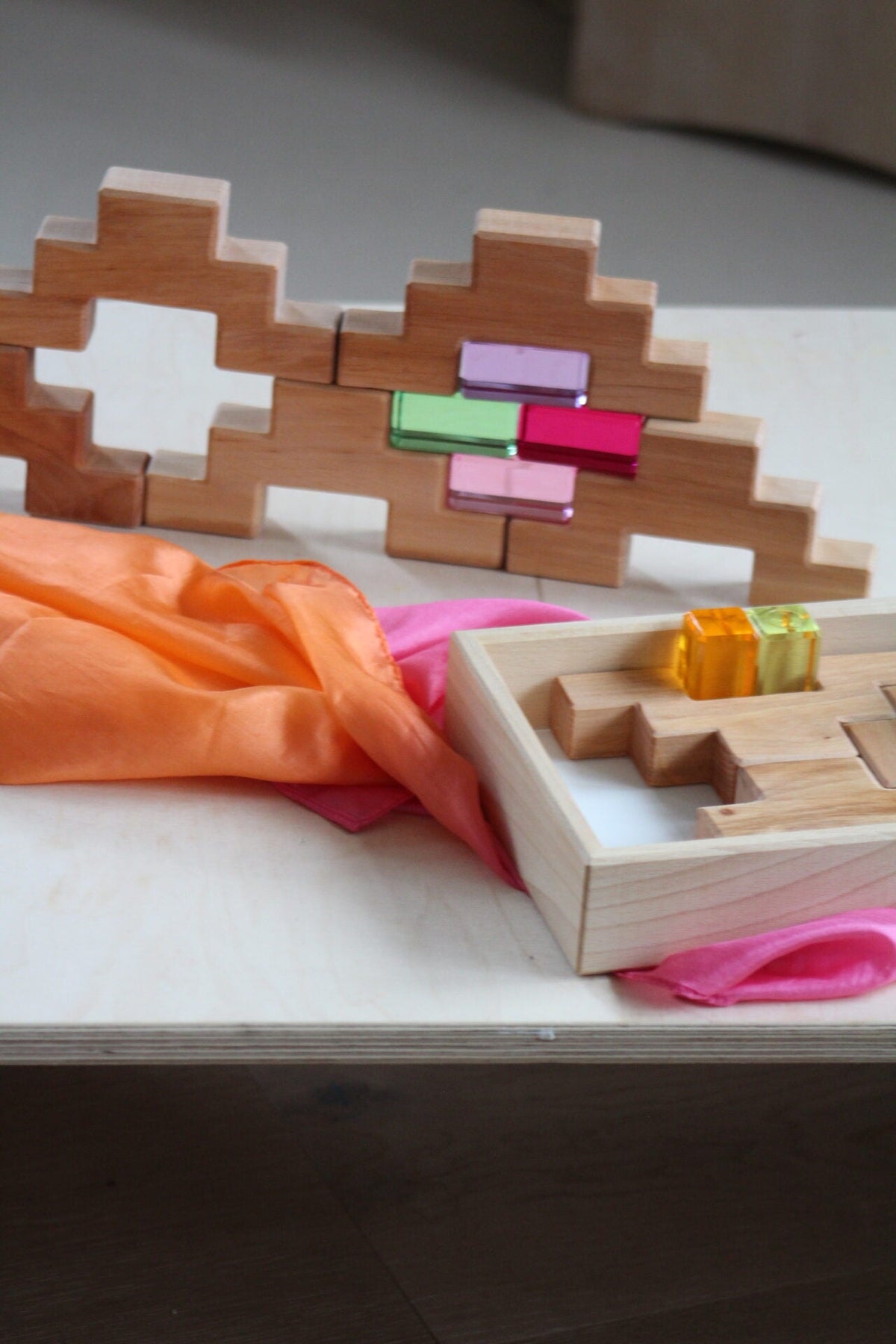 Bauspiel Staircase Blocks Natural with Colourful Luminous Blocks 16 - vendor-unknown - Honeybee Toys