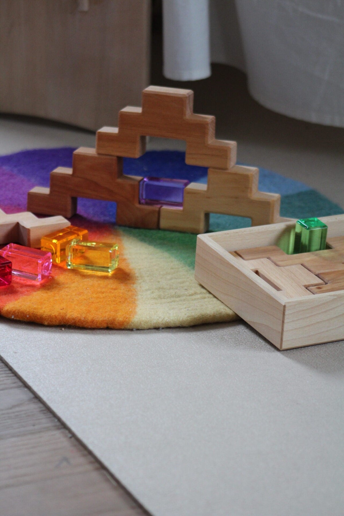 Bauspiel Staircase Blocks Natural with Colourful Luminous Blocks 16 - vendor-unknown - Honeybee Toys