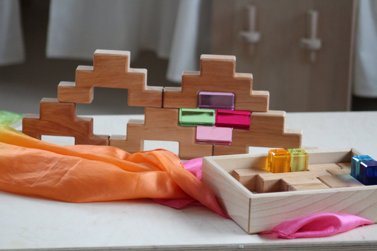 Bauspiel Staircase Blocks Natural with Colourful Luminous Blocks 16 - vendor-unknown - Honeybee Toys