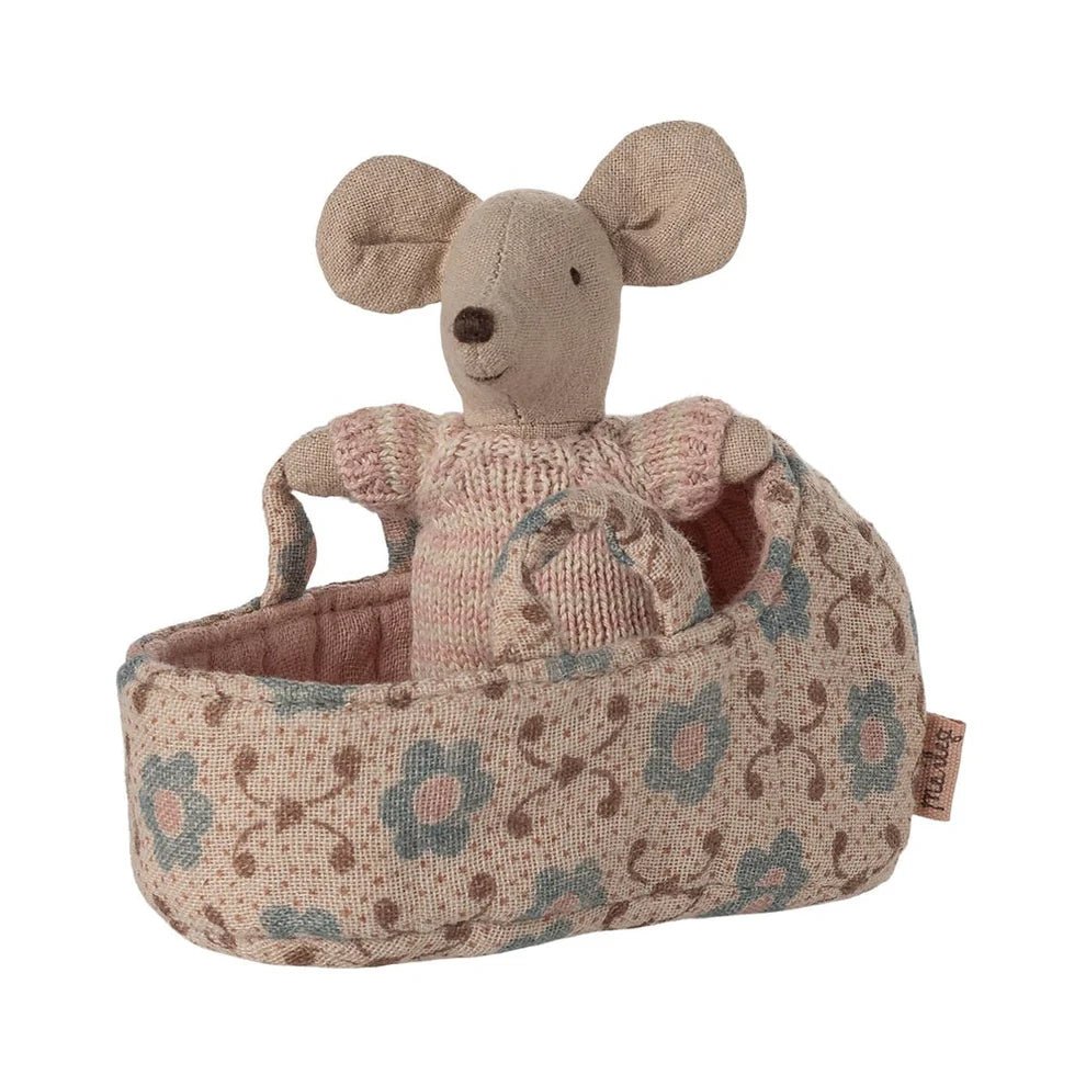 Maileg Baby Mouse in Carry Cot Rose - vendor-unknown - Honeybee Toys