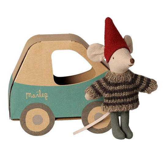 Maileg Christmas Mouse Little Brother in Car - vendor-unknown - Honeybee Toys