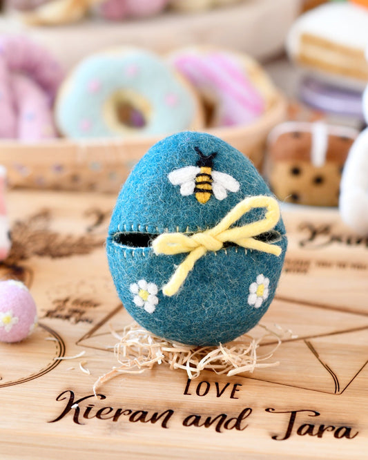 Tara Treasures Felt Egg Cover-Blue with Bee Motif - vendor-unknown - Honeybee Toys